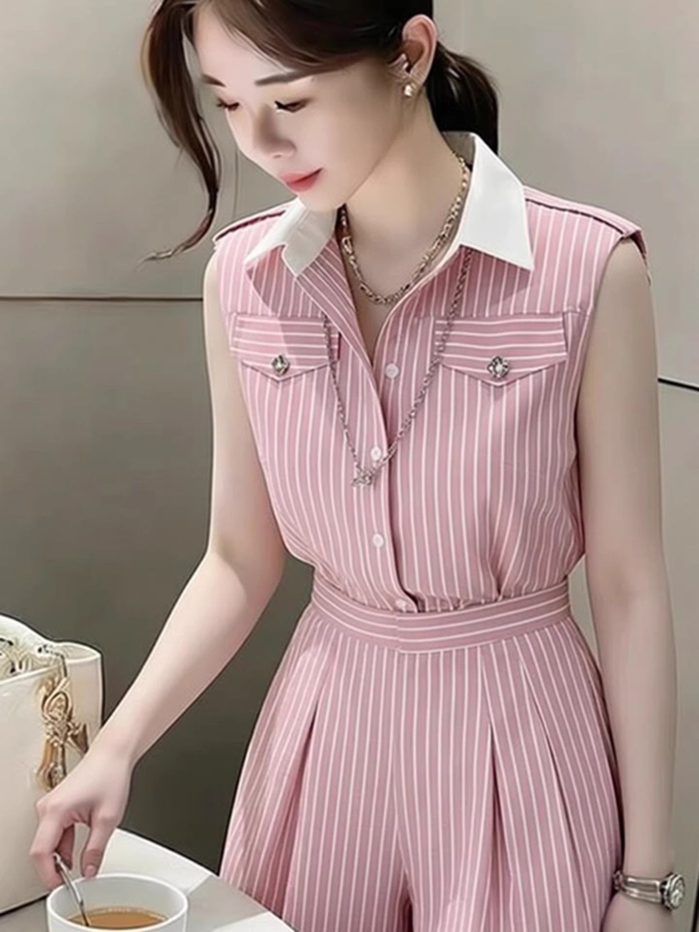 New High End Elegant Pink Stri - Home Office Romance ulasan dan harga